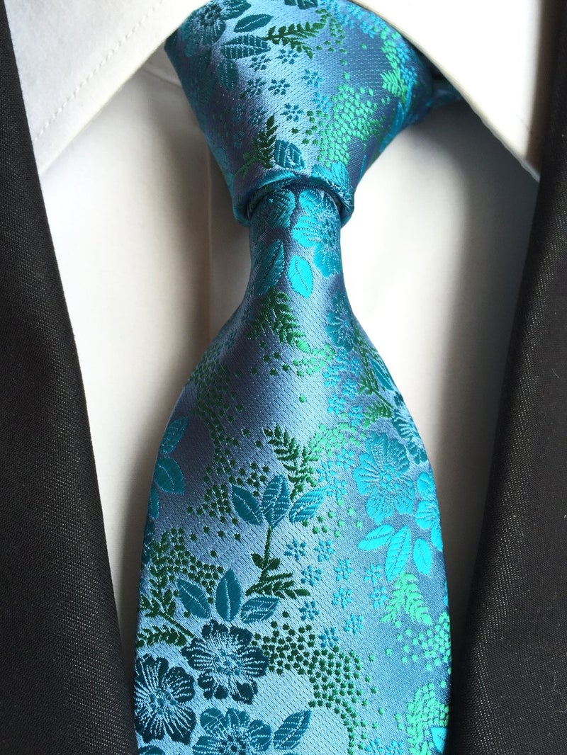 Elfeves Mens Teal Blue Ties Floral Fashion Woven Silk Paisley Party Formal Necktie Gifts - Image 2